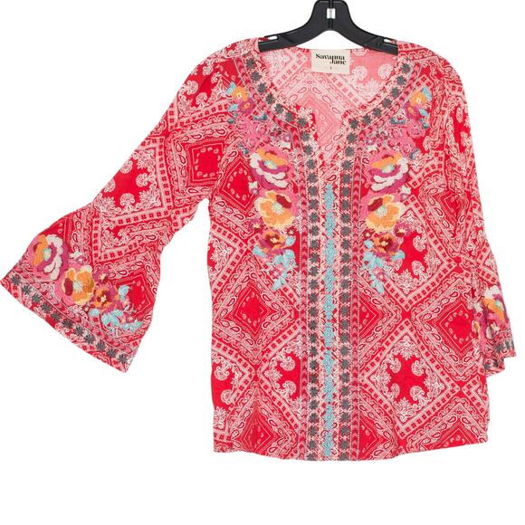 Savanna Jane Tunic Top Boho Romantic Embroidered Bell Sleeve Floral Red Small - Picture 6 of 6